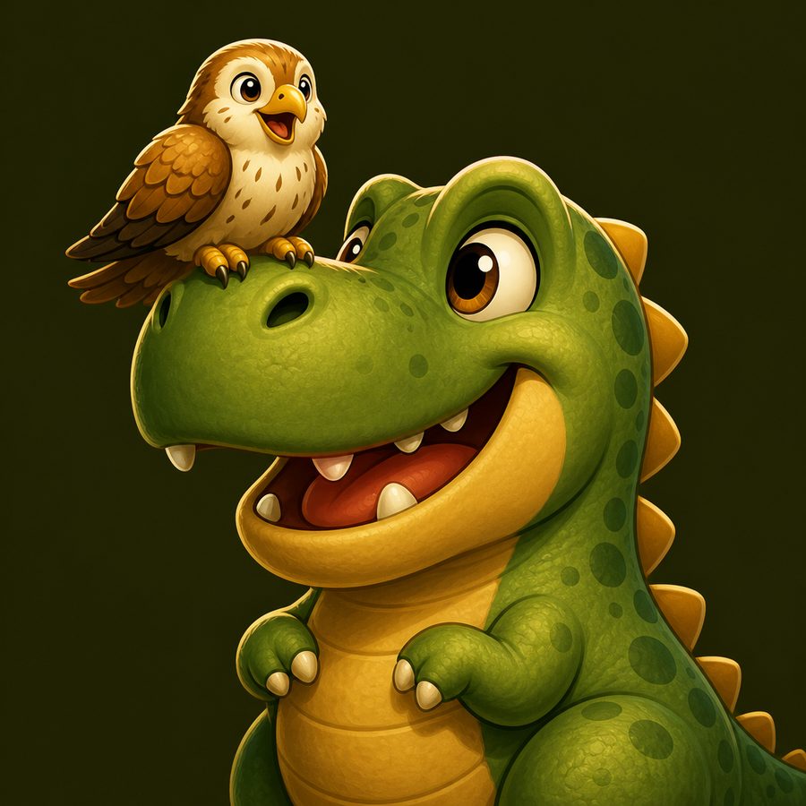 Dino Crush boss mascot — cartoon T-rex with a hawk