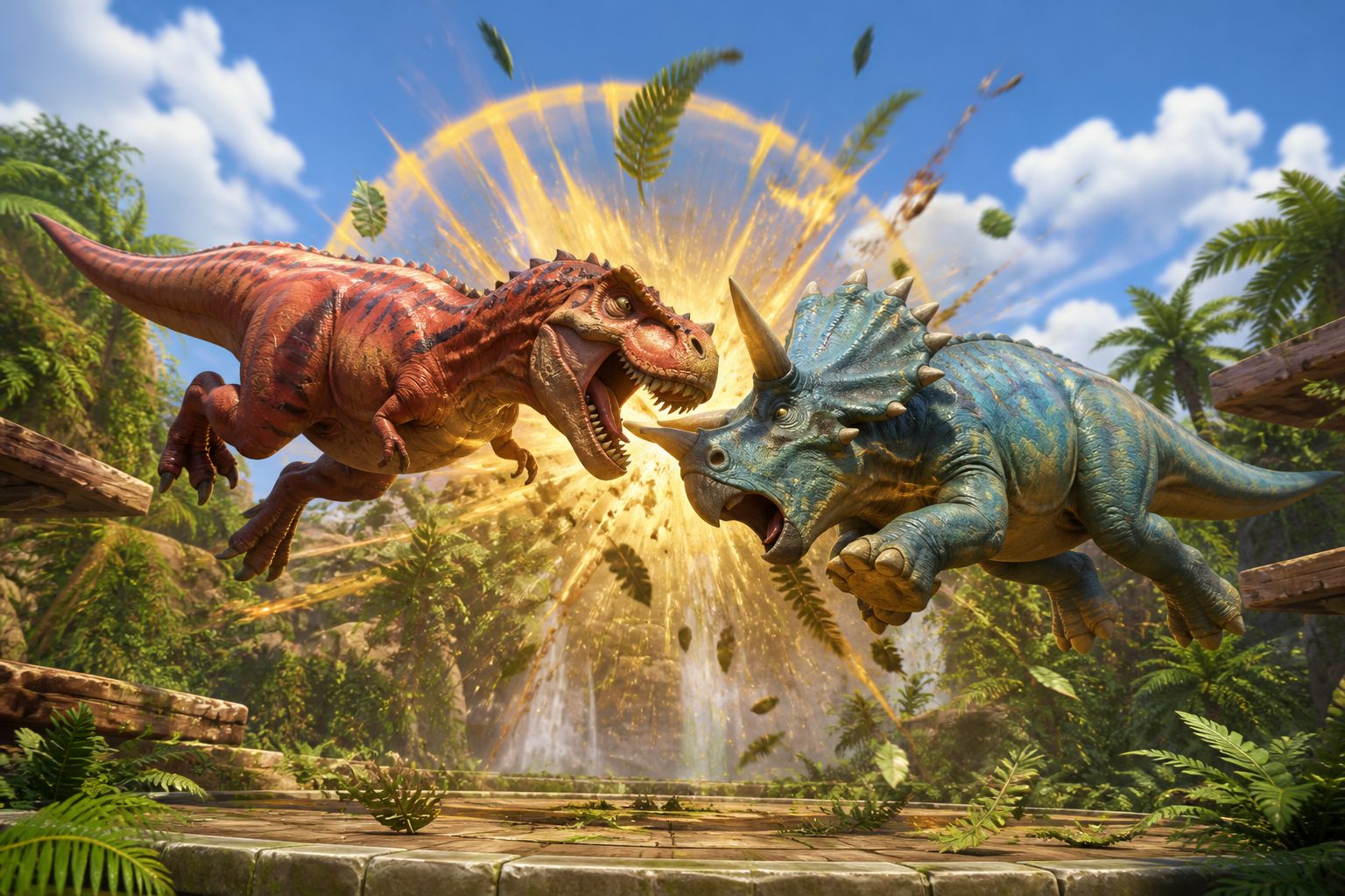 Dino Crush impact — dinosaurs colliding in the jungle