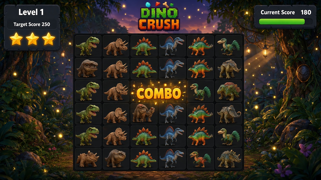 Match-3 board with labeled dinosaur tiles, score, and stars