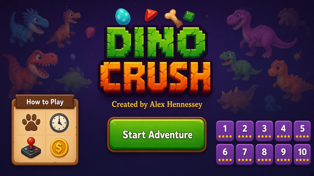 Start screen — Dino Crush logo, Start Adventure, How to Play, and level select